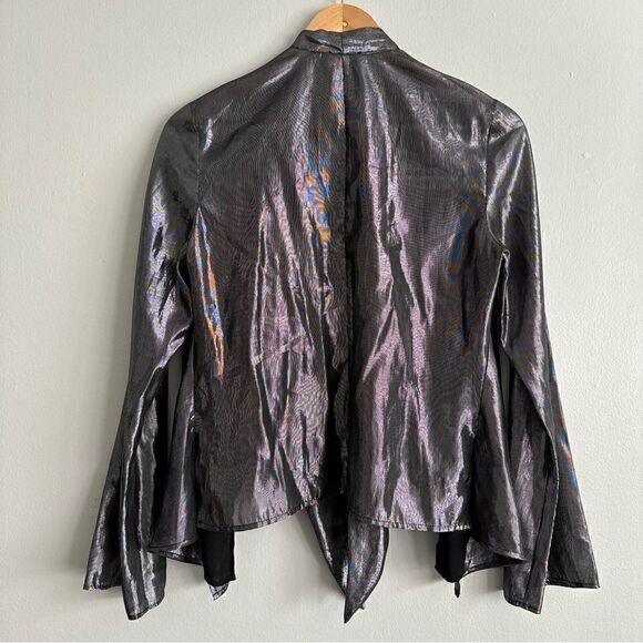 Anthropologie Delfi Collective Metallic Mixed Design Silk Blouse Small Tie Front - Picture 4 of 11